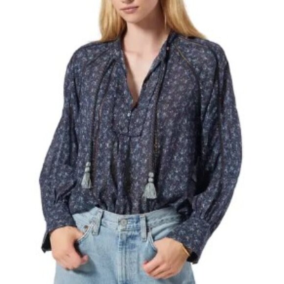 Joie Cotton Boho Blouse Womens Small Blue V-Neck Long Sleeve Dracha Top Summer - Picture 9 of 9